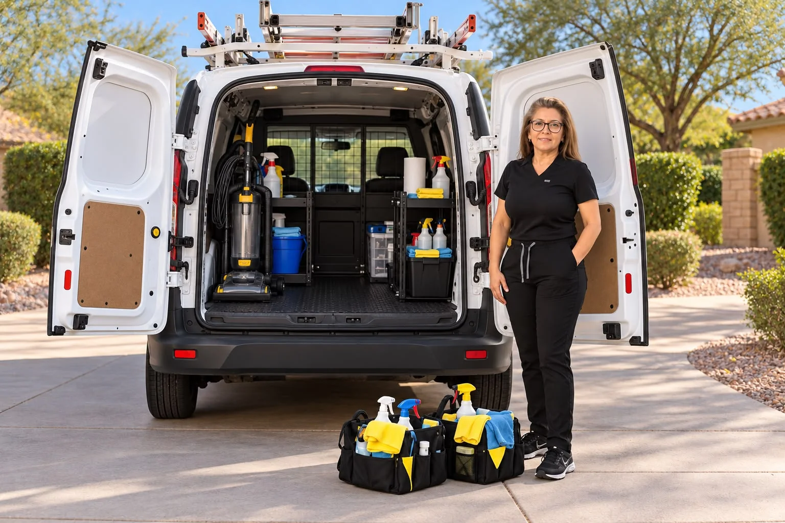 Cleaning supplies, tools and equipment neatly organized inside an open work van