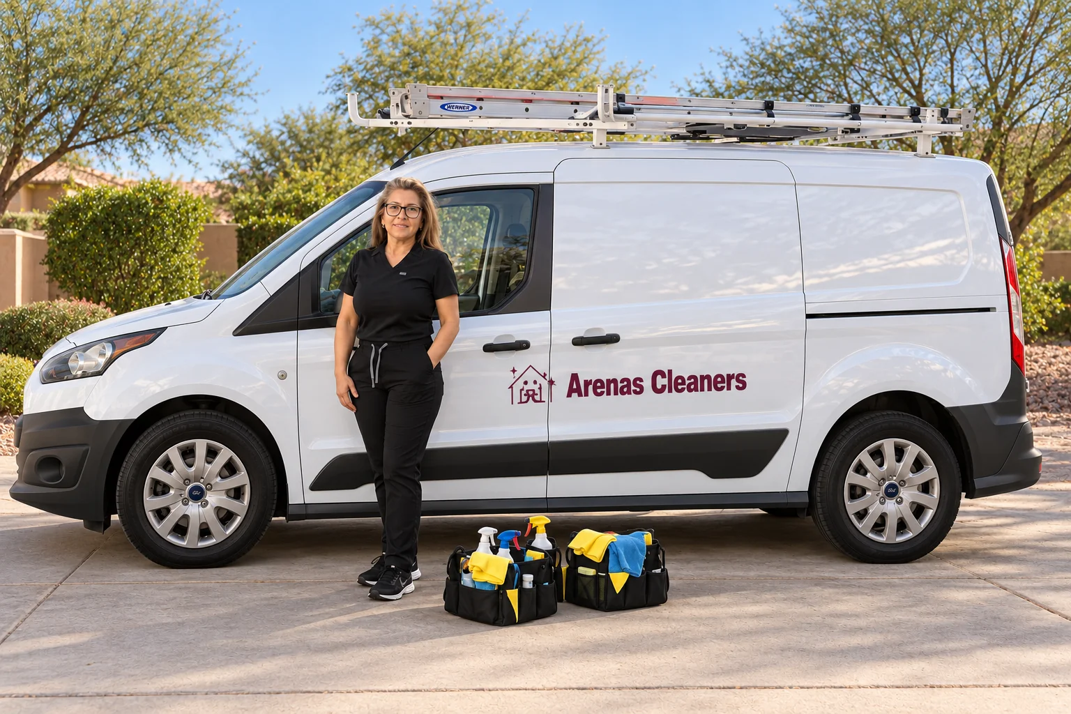 Cleaning professional standing next to a white service van